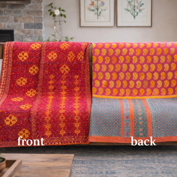 Kantha Other - Kantha pink red hues with yellow green flowers Vintage ThrowQuilt handmade India